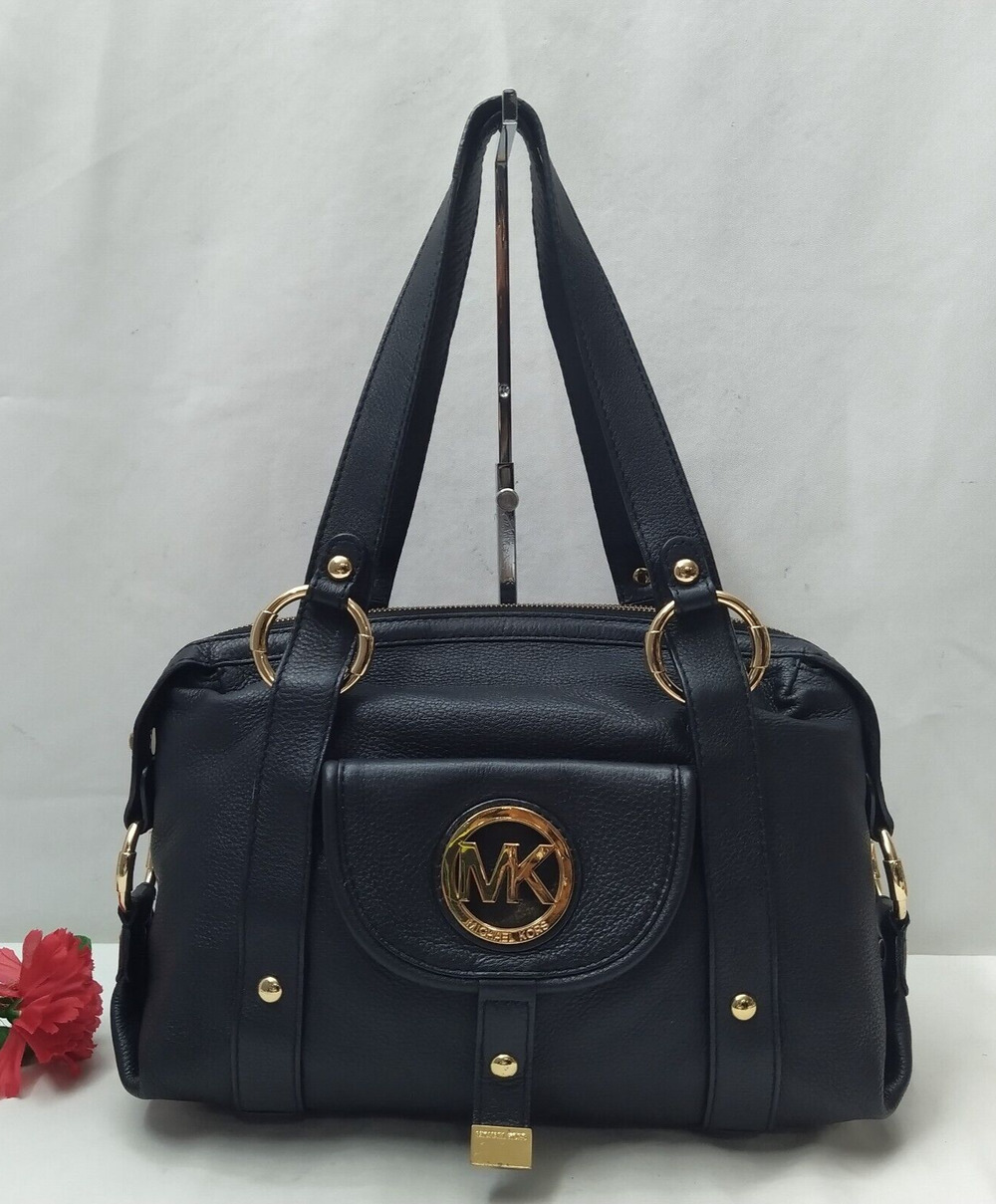 Michael Kors Black Pebbled Leather Round Logo Zipper Satchel Shoulder Bag